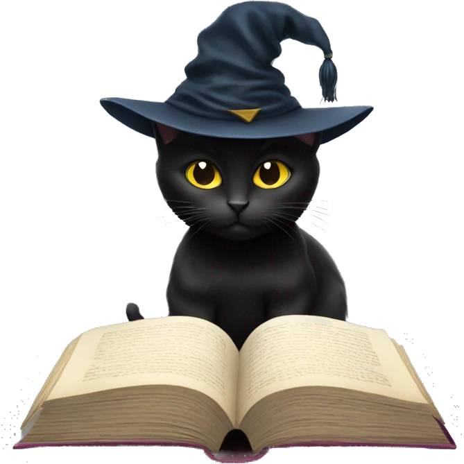 A black cat wearing a wizard hat reading a book with emoji