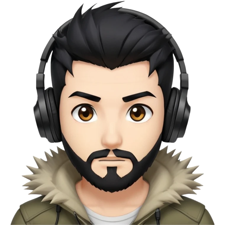 Highly detailed anime-style man with spiky black hair, expressive brown eyes, neat black beard, wearing professional gaming headphones, sharp facial features, anime shading and highlights emoji