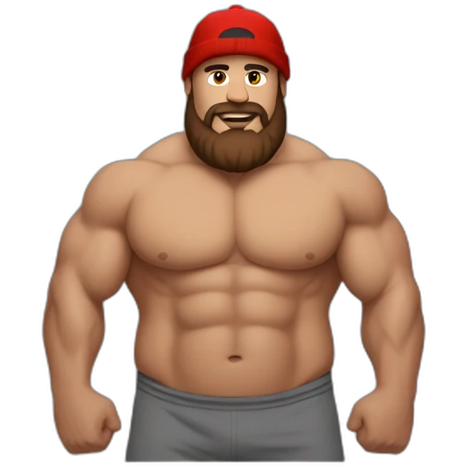Fat Muscle builder flexing in grey sweats no shirt brown and brown beard red winter hat emoji
