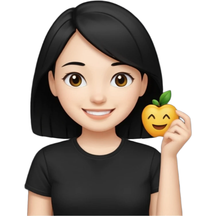 a pretty bratz fair girl with straight black hair, wearing a black tshirt, smiling emoji