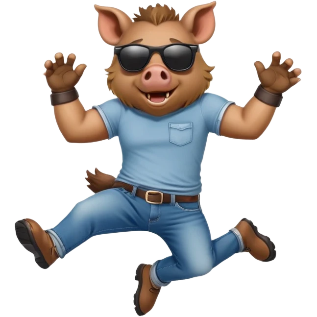 friendly anthropomorphised boar in jeans and a t-shirt, wearing dark sunglasses, jumping pose emoji