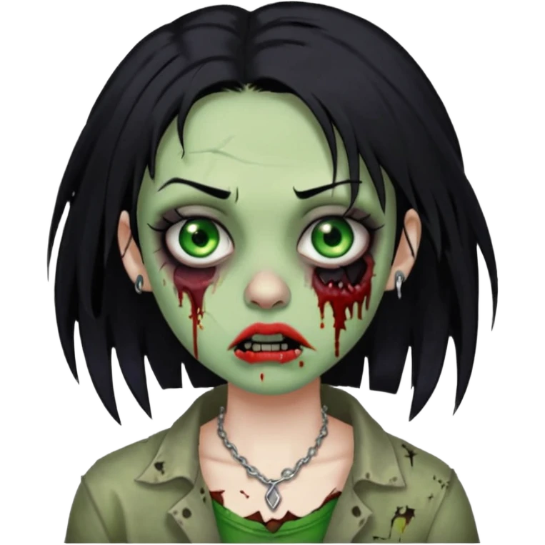 quero que me faça igual a anterior, como um zumbi, porém, a menina deverá ter cabelos pretos e olhos verdes, e um piercing na sobrancelha e um na boca emoji