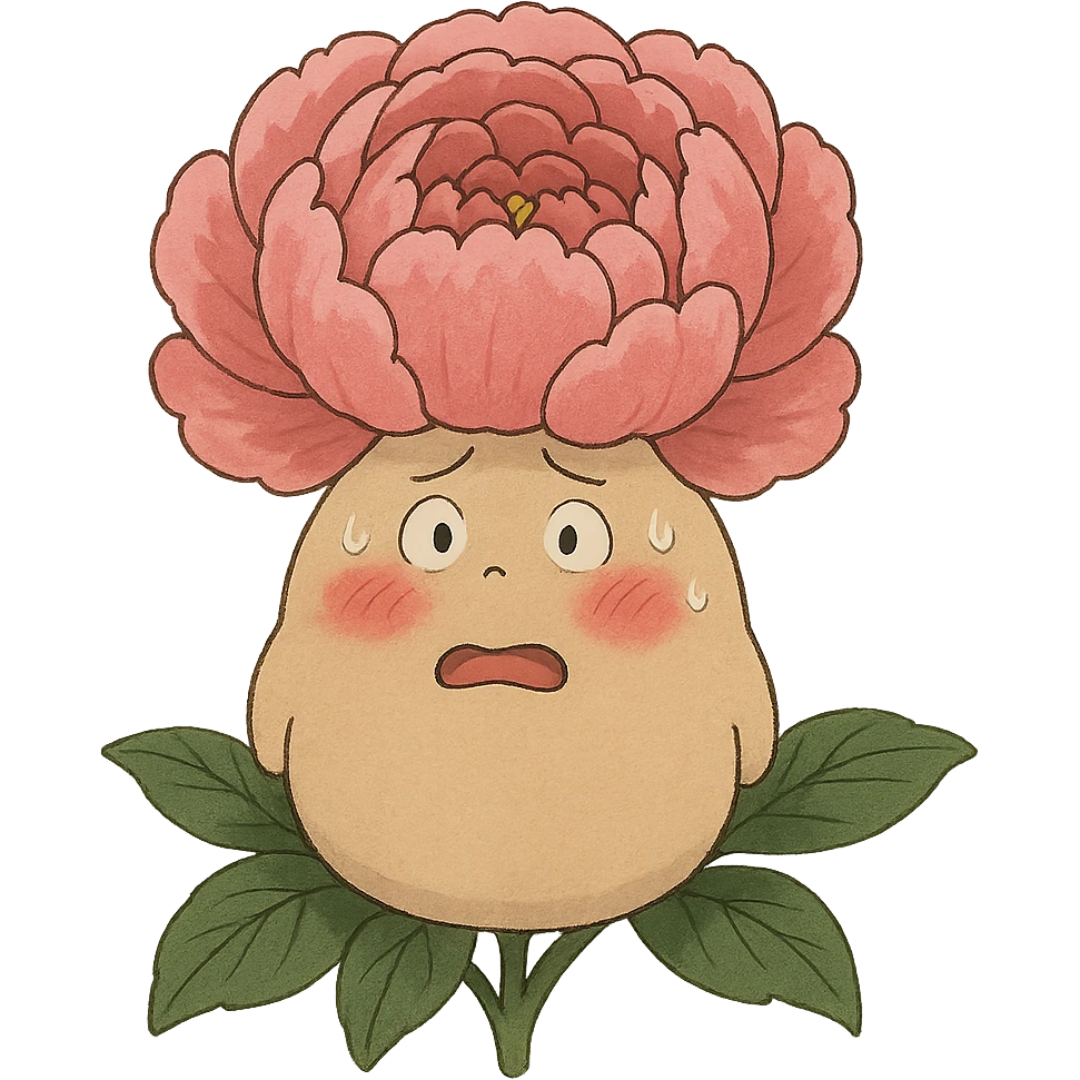 粉红牡丹花花，圆滚滚身体，脸颊通红，表情紧张的样子 emoji