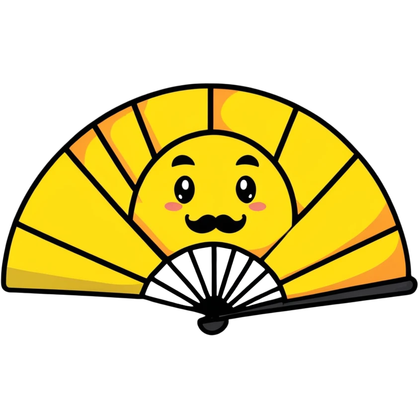 Colorful paper fan with smiling face and curly mustache emoji