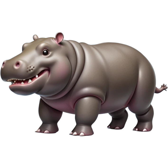 cinematic-hippo-realistic-full-body side view-standing on all fours-emoji,-massive-round-frame,-wide-mouthed-grin-exposing-huge-teeth,-head-tilted-dramatically,-thick-greyish-brown-hide-glossy-from-water,-simplified-yet-realistic-focused-features,-highly-detailed,-glowing-with-an-almost-sarcastic-glow showing only 4 theeth emoji