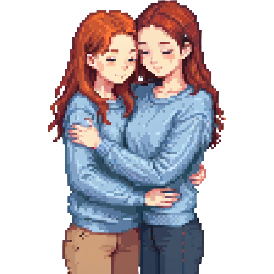 A red-haired girl in a beige blouse hugging a brunette in a blue sweater, pastel colors emoji