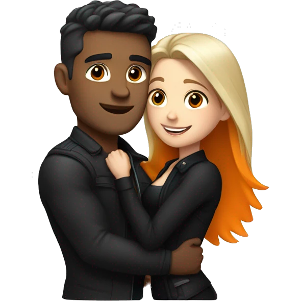 A muscular, well-shaped, slightly brunette man wearing a black jacket and a woman with light blonde, black and orange hair hugging him. emoji