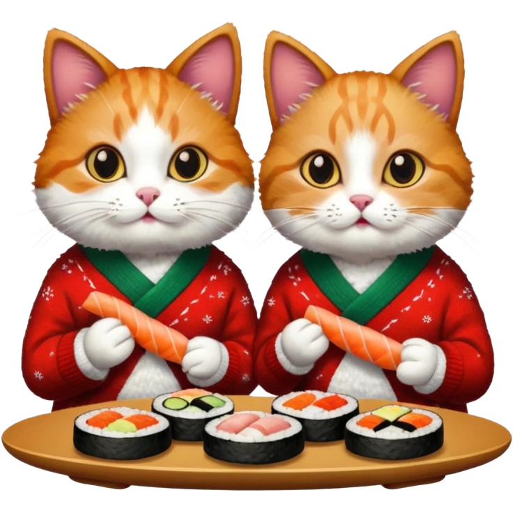 2 cats in christmas sweaters eating sushi emoji