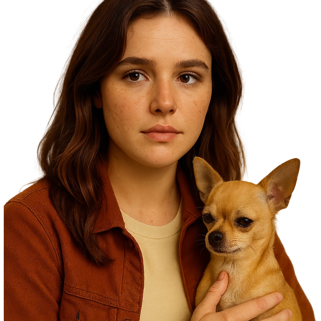 Portrait for Instagram profile inspired by the facial features visible in the reference images, with a tanned complexion, subtle freckles, wearing a shirt colored #FFF8CA and a rust-colored jacket, mid-length brown hair with auburn highlights, a pensive and gentle expression, holding a beige-brown chihuahua, in the style of a Netflix series, transparent background, intimate Tenerife ambiance. emoji