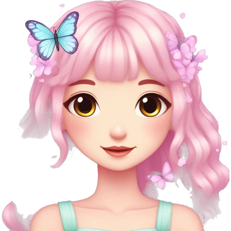 Cute kawaii gorgeous pretty anime cartoon pastel lady with butterflies and beautiful hair fairycore cottagecore emoji