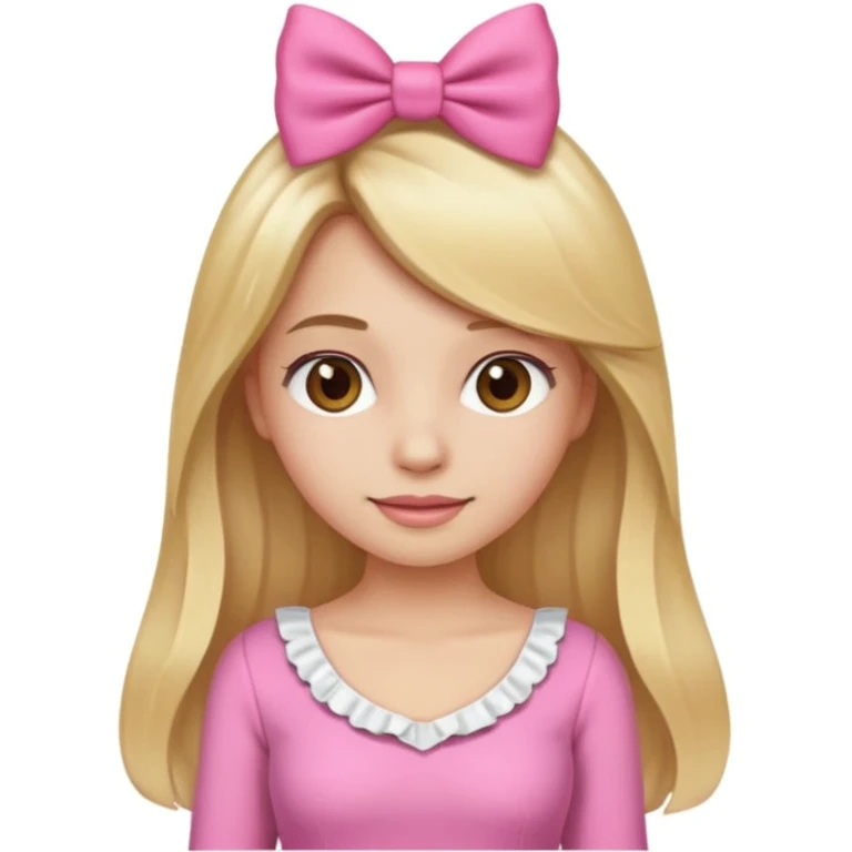 Create a custom emoji of a coquette-style girl with long blonde hair, brown eyes, fair skin, wearing a pink outfit with a cute bow in her hair. emoji