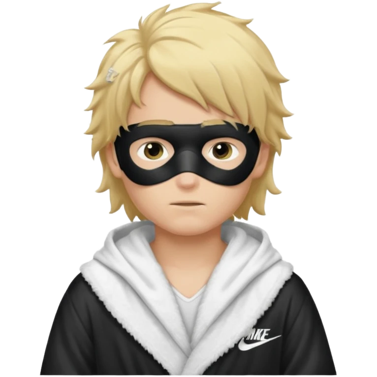 Create a blond boy with long, messy hair, light eyes, a white t-shirt, rich, with long hair, blue eyes, medium-length, voluminous hair, wearing a black Nike bathrobe and a little blush near his nose. and with a balaclava, type bandit balaclava emoji