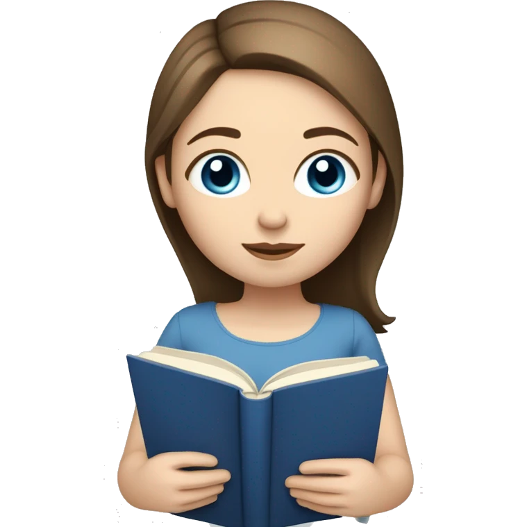 Girl with straight chin length brown hair and pale skin tone and blue eyes reading a book  emoji