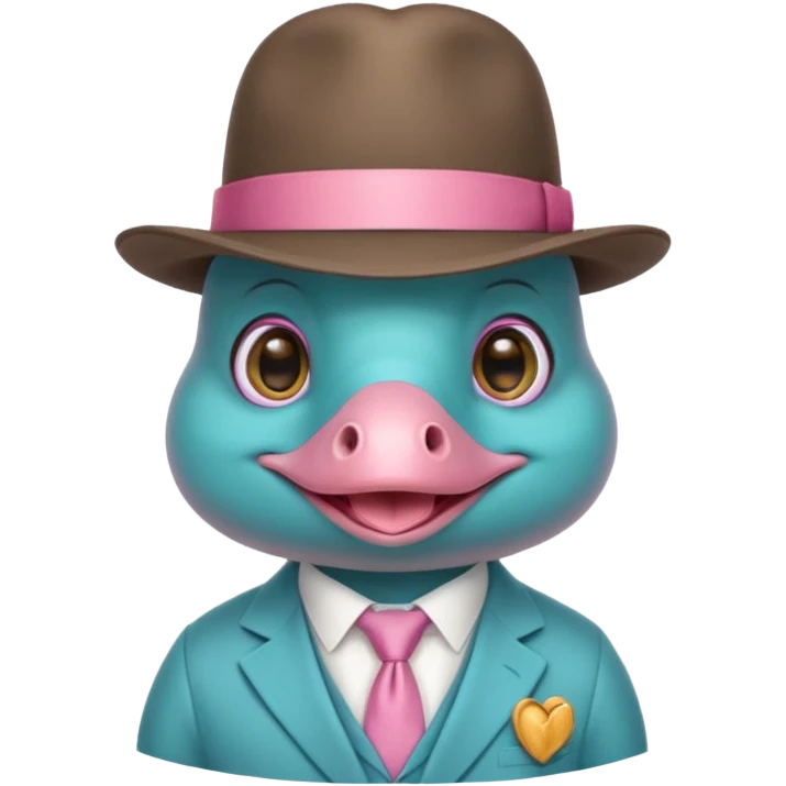 cute light blue turqiouse platypus head, smiling with big eyes with a detective hat and monocle on his eye, no  hands, looks like a platypus but blue, the hat and suit are pink emoji