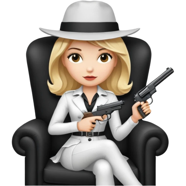 Mafia blondes Evil woman in hat , gun ,black armchair , white costume  emoji
