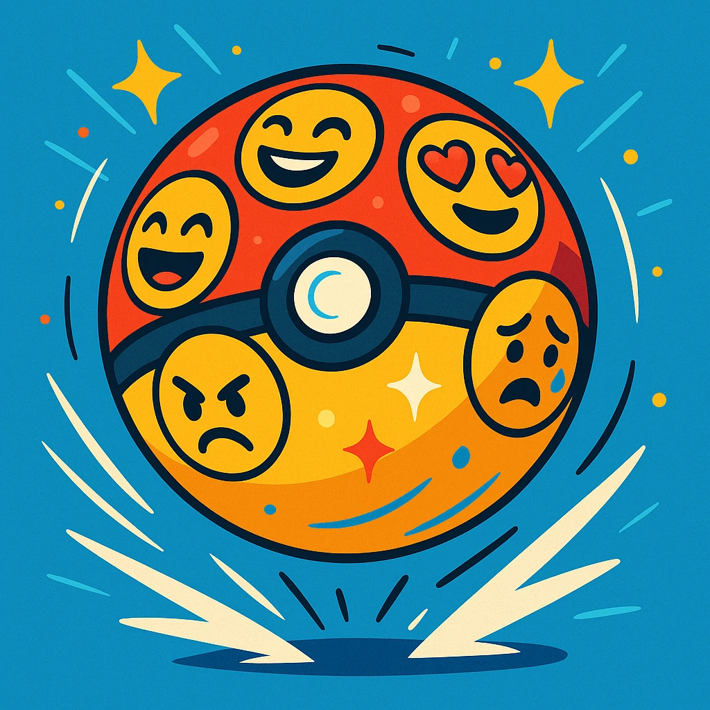 A Poké Ball covered in different emoji faces, bouncing with energy, vibrant animated style with sparkles and motion effects emoji