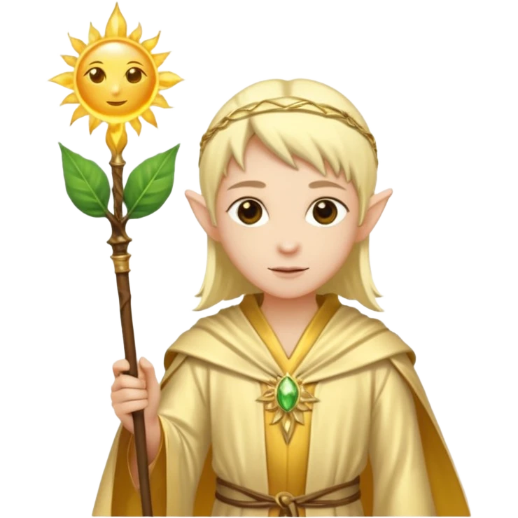 {
      "type": "human",
      "look": "light elf healer, golden robe, staff with leaf and sun",
      "description": "a light elf healer wearing a golden robe and holding a staff with leaf and sun"
    } emoji