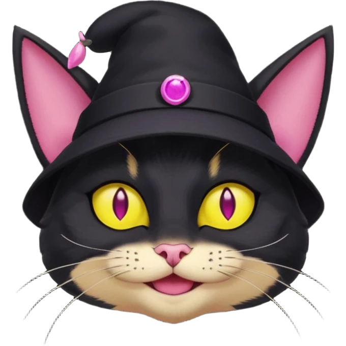 image friend from deltarune, a cat with a pink eye and a yellow eye, and black fur and pointy ears smiling emoji