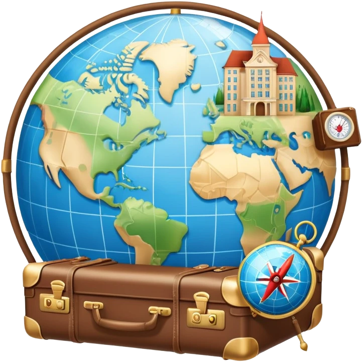 An icon featuring a suitcase, 1 globe, and a hotel building, symbolizing tourism and hospitality studies. The design includes a map and compass, representing travel research and industry analysis. Transparent background emoji