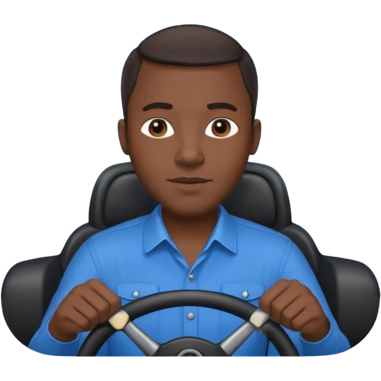 ["Black male driver, wearing a blue shirt, hands on steering wheel."] emoji
