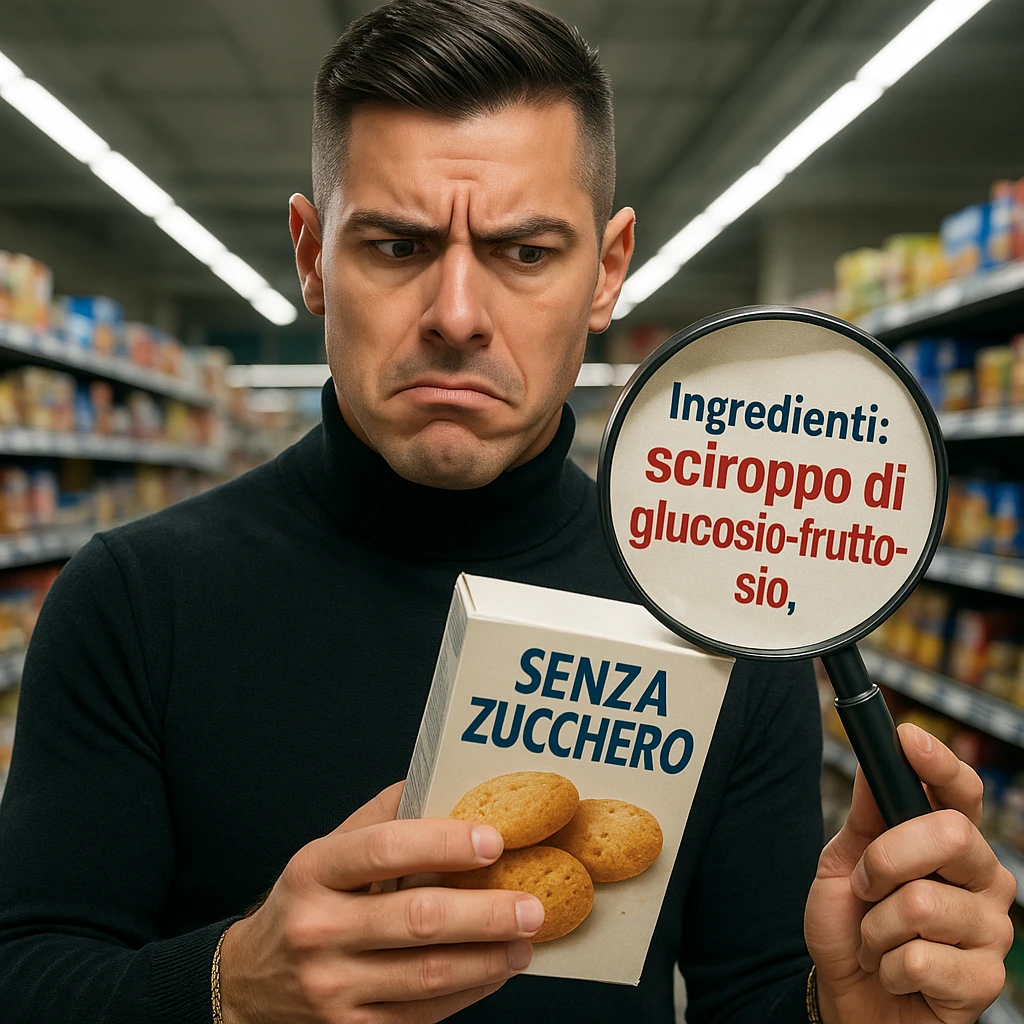 Supermarket scene: man similar to the reference, holding a 'SENZA ZUCCHERO' product, ingredient list shows 'sciroppo di glucosio-fruttosio' in bold red, confused expression, floating magnifying glass enlarges the small print, hyper-realistic, harsh fluorescent light. Variant 2. emoji