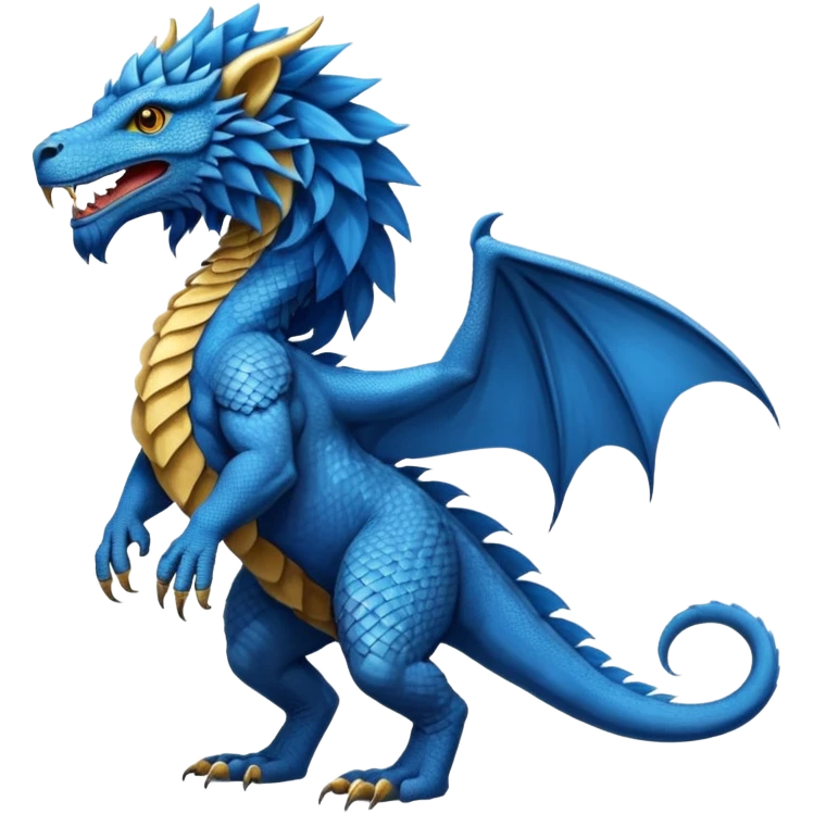 Mušḫuššu, ancient Mesopotamian hybrid: blue scaled body, lion mane, lion forelegs, eagle hind legs, long neck, horned dragon head, lizard tail, optional wings emoji