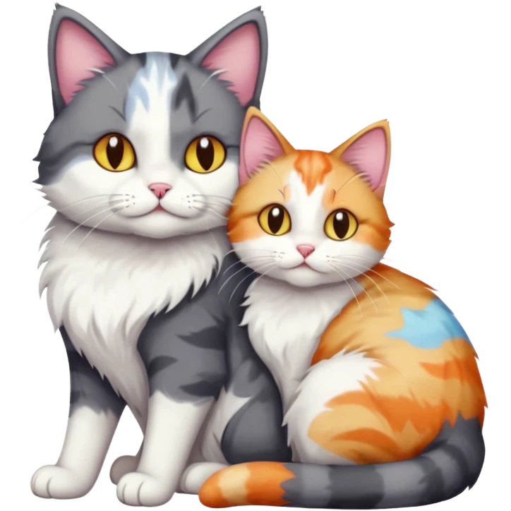full body dark grey and white cat cuddling a colourful light patched calico + white tabby cat  emoji