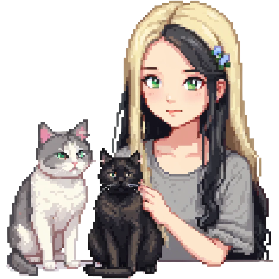 Beautiful girl with long black hair petting a gray and blonde mixed cat emoji
