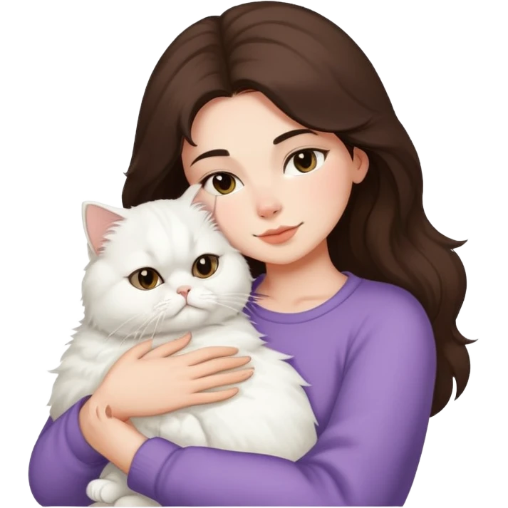 Brunette woman snuggling white Persian cat  emoji