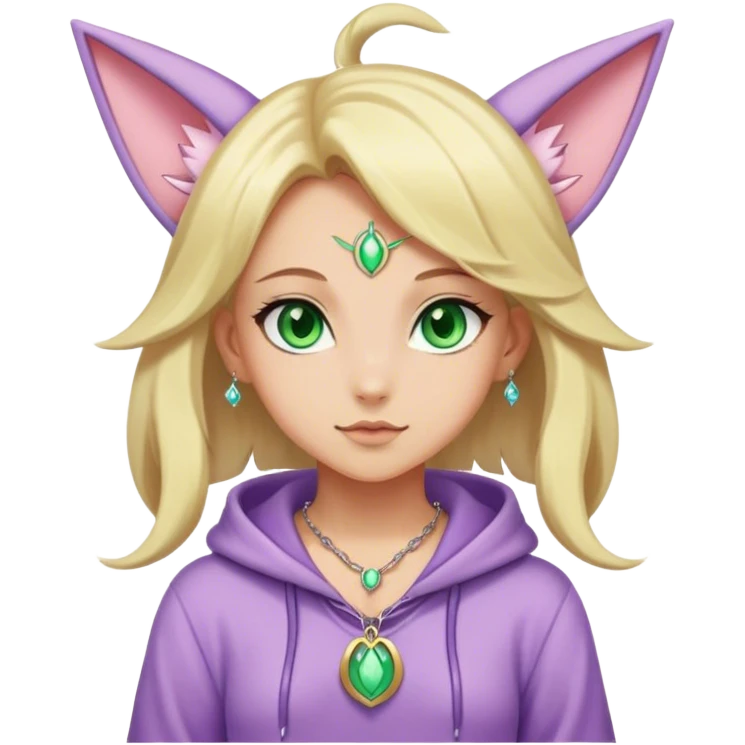 Can you make a blond girl with green eyes in an espeon Onesie with a necklace emoji