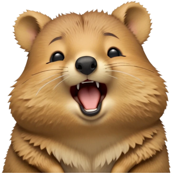 cinematic-realistic  yawning quokka-emoji,-small-round-frame, head tilted in an endearing manner, wouth wide open yawning, sleepy comical smile, fluffy cheeks, giant-fluffy-cheeks-large-smile-fluffy-brown-fur-radiating-a-warm-softness,-big-round-eyes-filled-with-joy, realistic round  fluffy zoomed in, large black eyes one paw raised in the air emoji