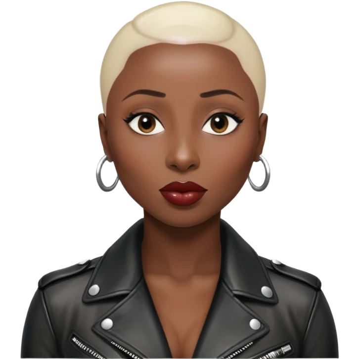 Cynthia erivo shiny black hair no eyebrows leather jacket Alluring black woman wide nose bald head big glossy lips emoji