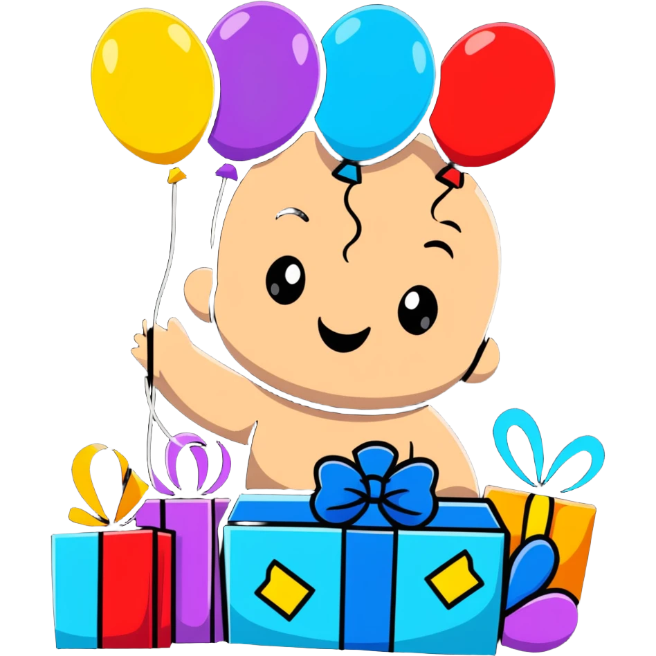 happy baby surrounded by birthday presents and colorful balloons emoji