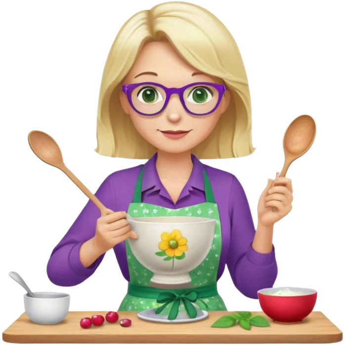 middle aged woman with shoulder length blonde hair, purple glasses, green eyes, flower apron, holding a bowl and mixing spoon emoji
