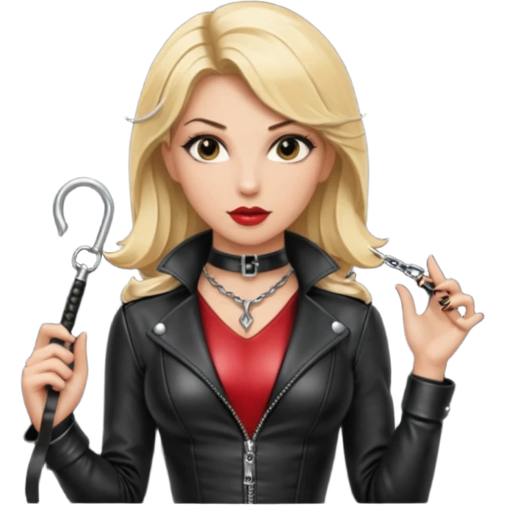 Dominatrix with blonde hair, leather outfit, long key necklace, and a whip emoji