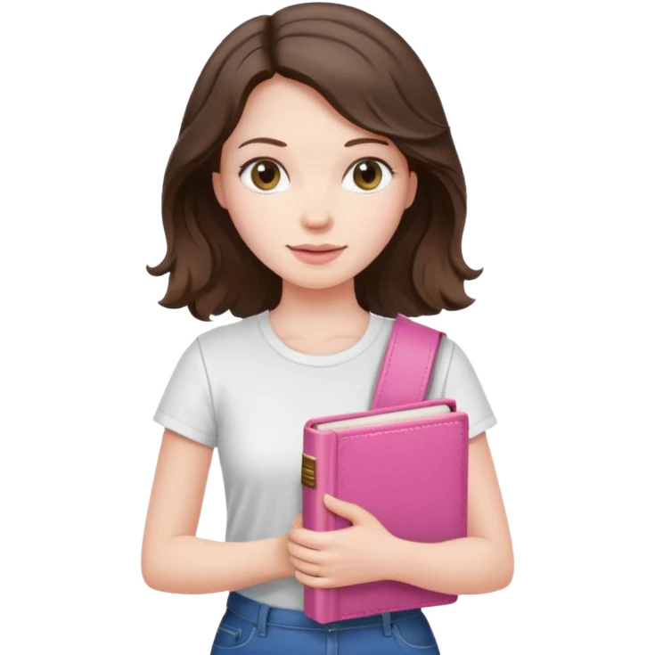brunette woman, pale skin, shoulder-length wavy hair, white t-shirt, holding a pink Bible emoji