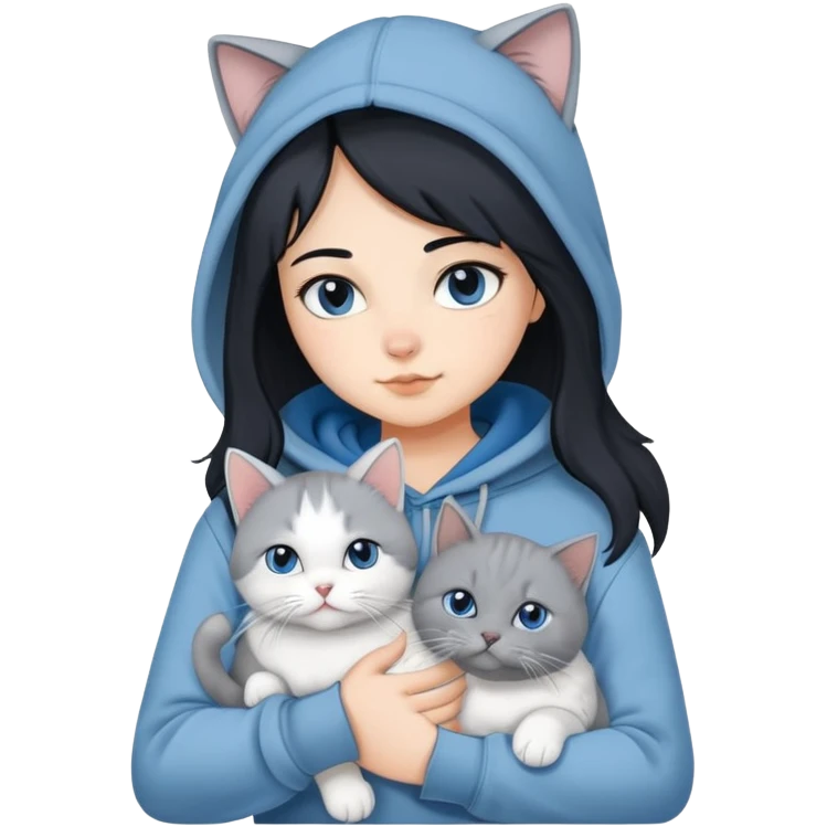 Girl with black hair wearing gray hoodie with a British shorthair blue and white cat and a long-haired blue and white cat emoji