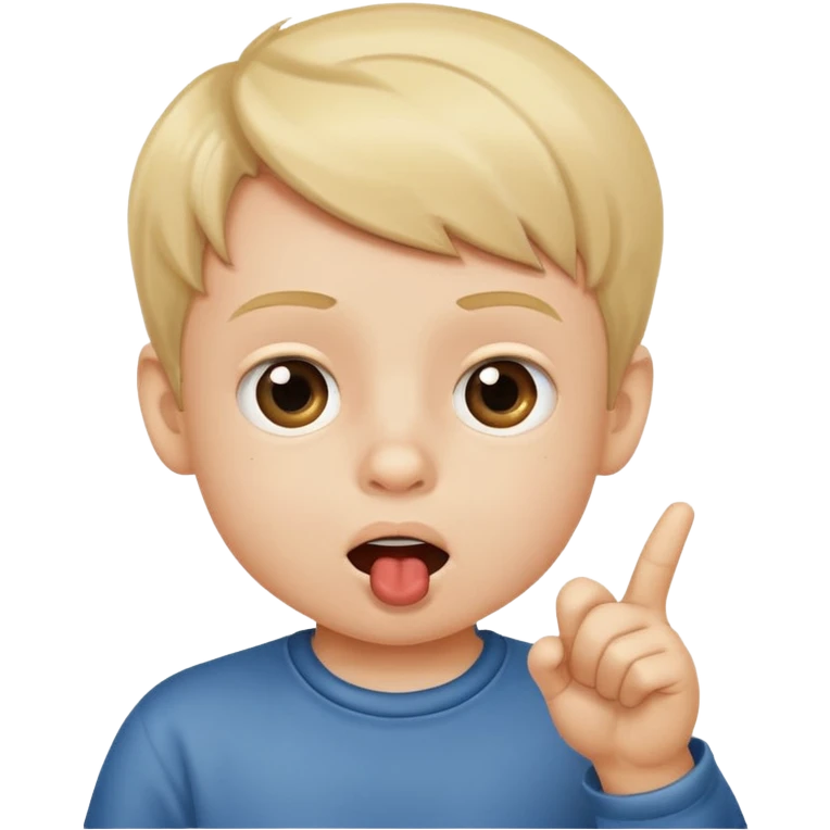 little boy pointing at his mouth emoji