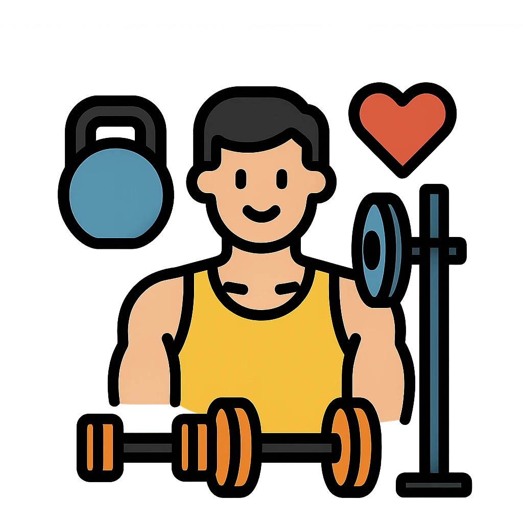 one man surrounded by gym equipment, showing love for fitness, icon style, clean lines, fitness theme emoji