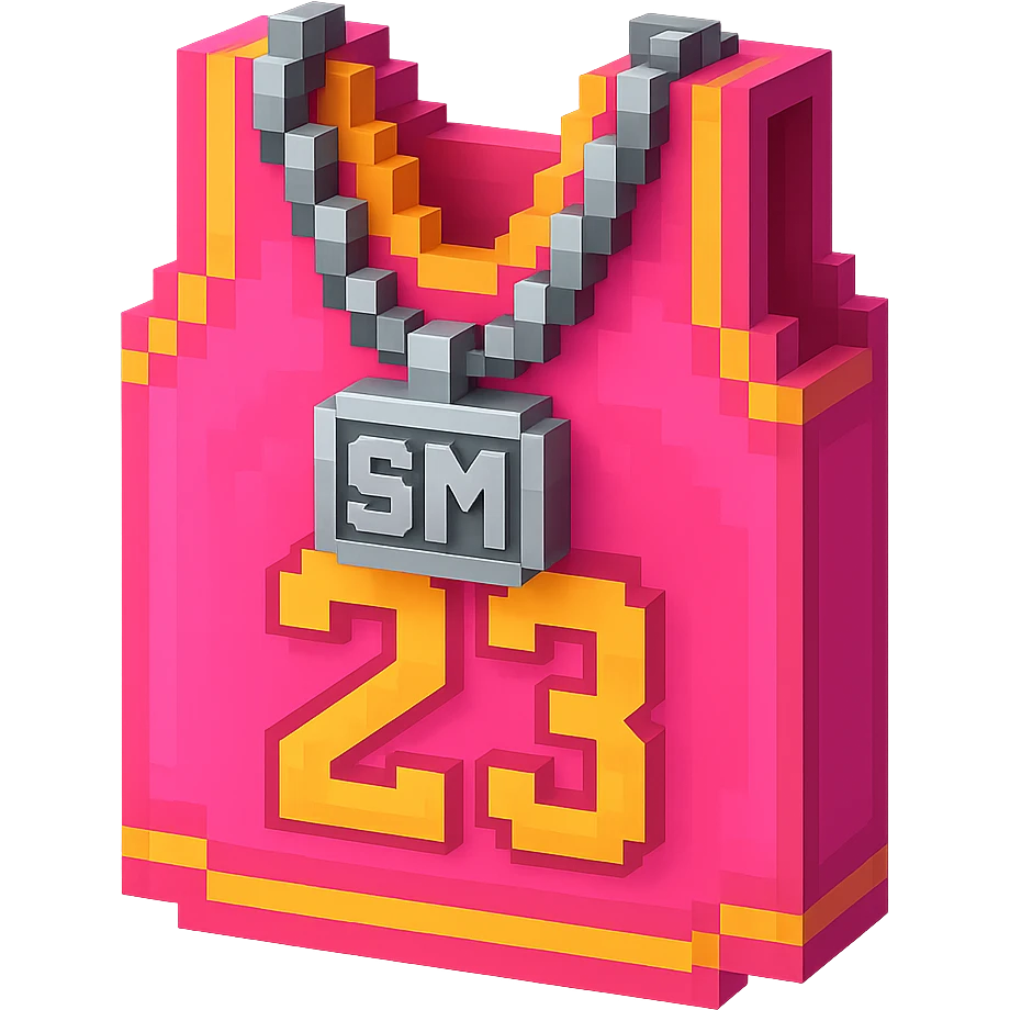 светящейся розовая баскетбольная майка с надписью "23" и серебряная цепь с надписью "SM", no background emoji