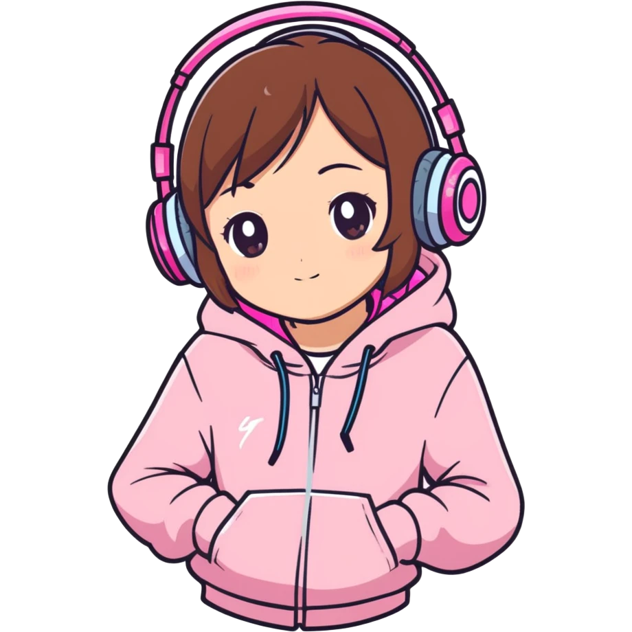 A brown-haired young girl in a pink sparkly hoodie with headphones on, — in cute anime style emoji