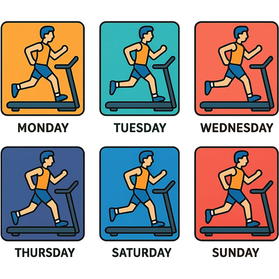A picture is into seven parts showing a sportsman runnig on the treadmill. In each little picture there is a name of the days of the week, from monday to sunday emoji
