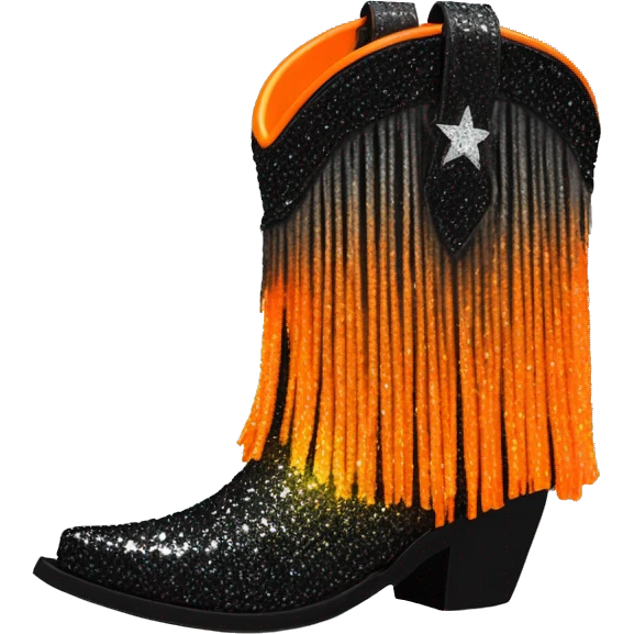 Realistic short neon Orange to black ombre fashion cowgirl boot with sparkly shiny glitter fringe on them. emoji
