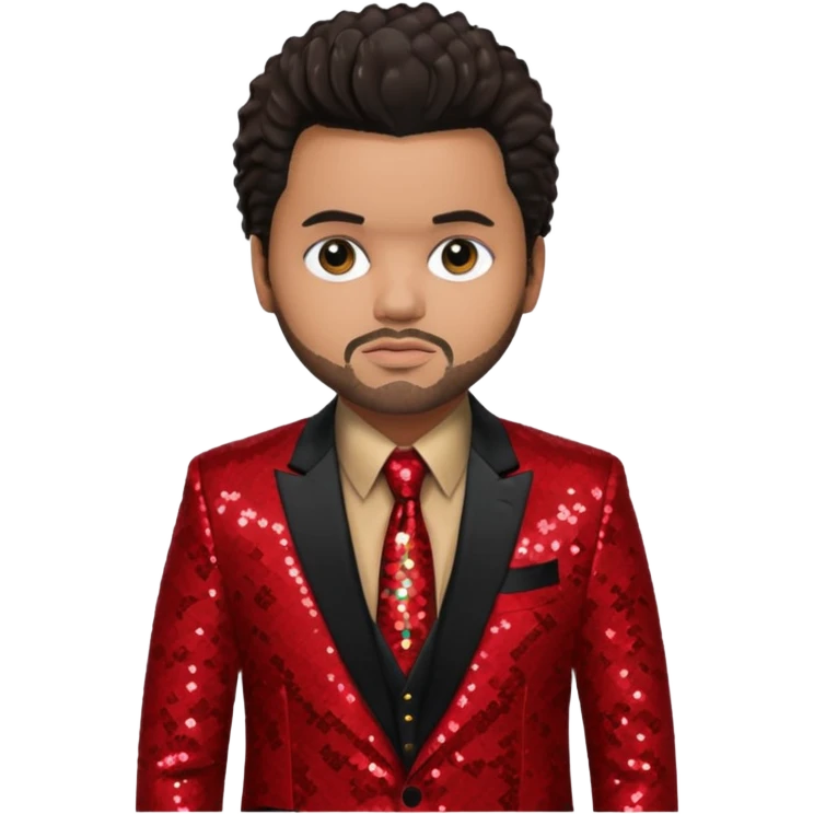 The Weeknd with dark brown hair, red sequin suit jacket, black shirt with tie emoji