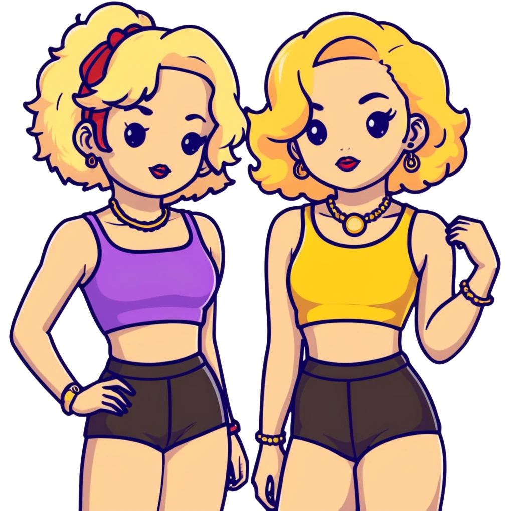 Full body of two teenage girls standing together, one white with straight blonde hair and one brown-skinned with curly dark hair, both with heavy makeup, big lips, crop tops, gold jewelry and flashy choni style outfits emoji