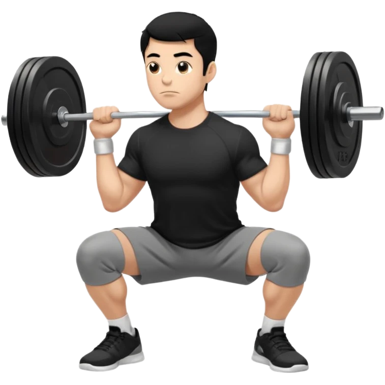 Hombre de cabello negro, tez moreno claro, vestido con playera negra, pants gris y tenis blancos tipo jordan haciendo sentadilla libre con barra con un disco de 20 kilos por lado visto de perfil  emoji