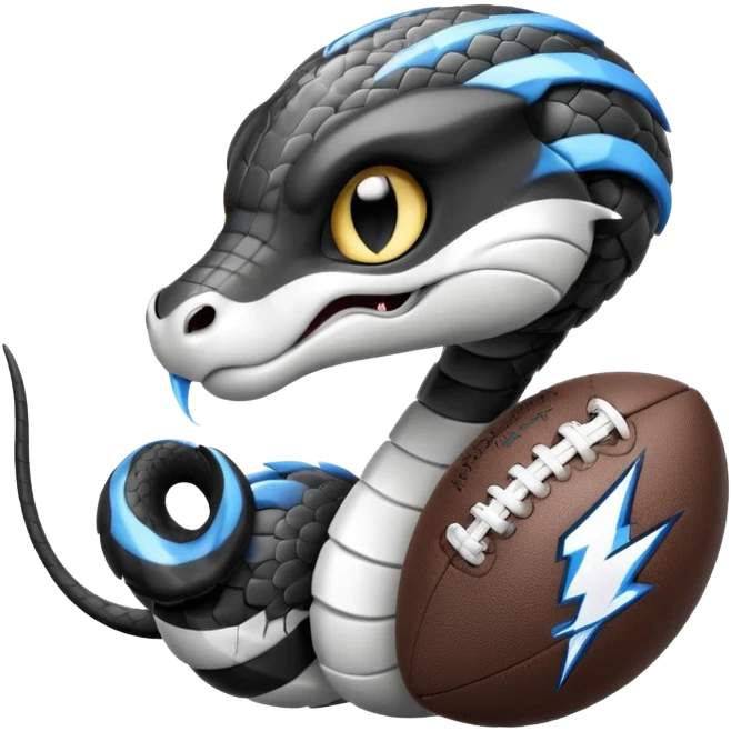 Кобра с чёрными и белыми глазами и чёрной и белой молниями из глаз. У неё чёрно-белая футбольная форма с надписью FangElite emoji