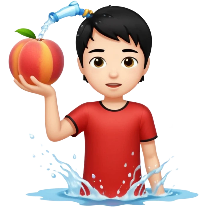 a peach splashing water in boy's mouth above his with black hair and red dress emoji