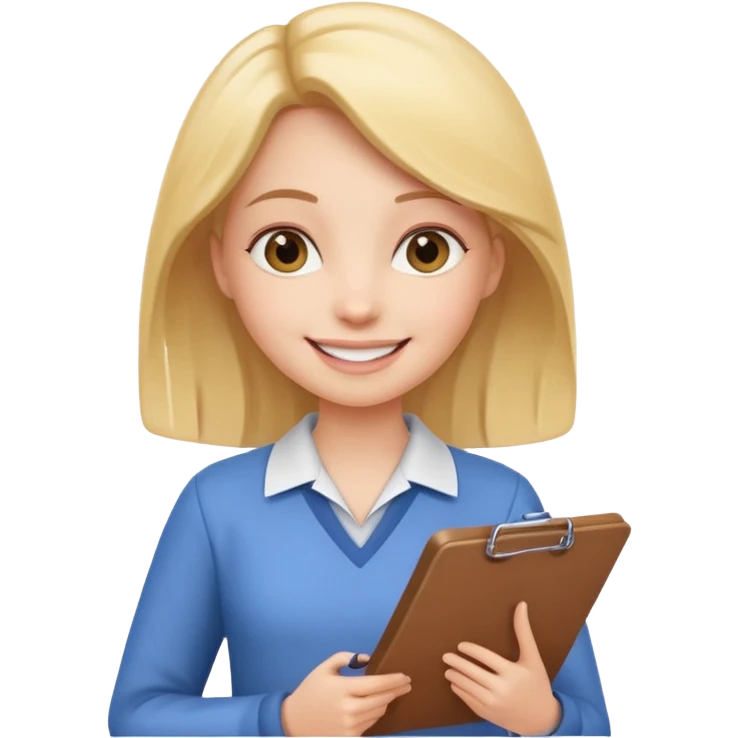female character holding a clipboard, smiling emoji