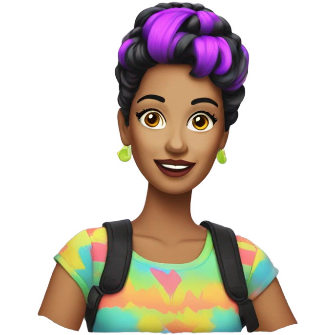 Tanned woman with black hair dressed in 1980s neon hair, makeup, and attire  emoji